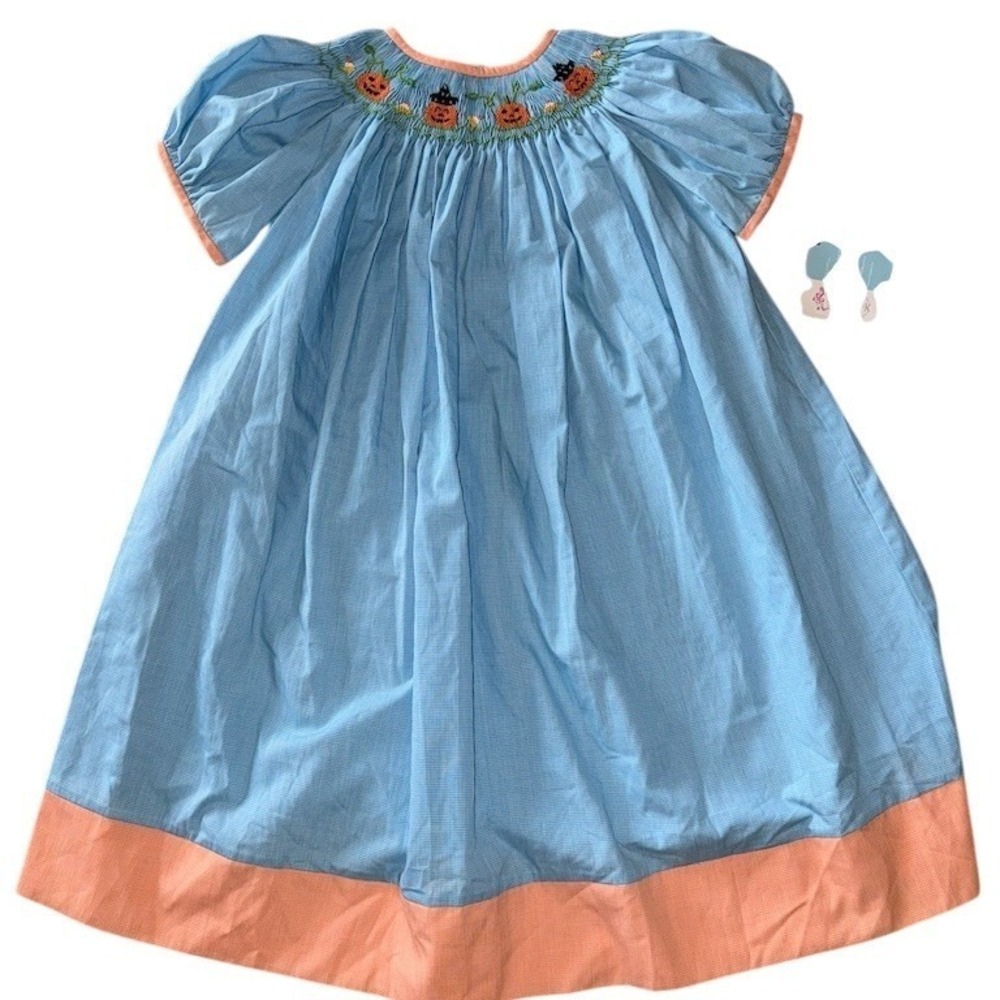 Vive La Fete Girls Smocked Maxi‎ Dress Blue Gingham Pumpkin Halloween 4T - Picture 6 of 6